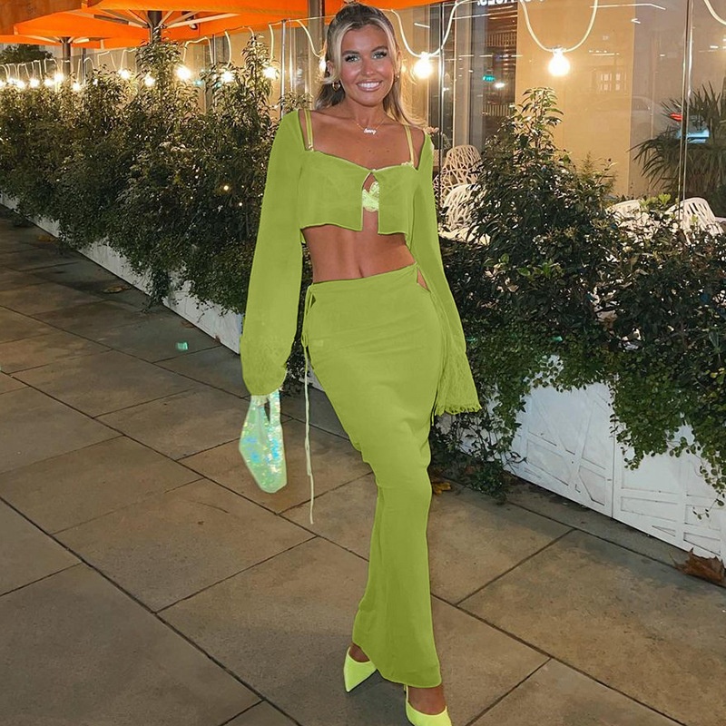 2021 Winter Hot New Long Sleeve T-Shirt Cardigan Hollow Out Tie Half-Length Skirt Set Export Women's Fashion_desvips.com