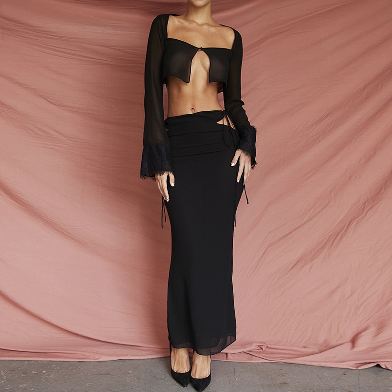 2021 Winter Hot New Long Sleeve T-Shirt Cardigan Hollow Out Tie Half-Length Skirt Set Export Women's Fashion_desvips.com