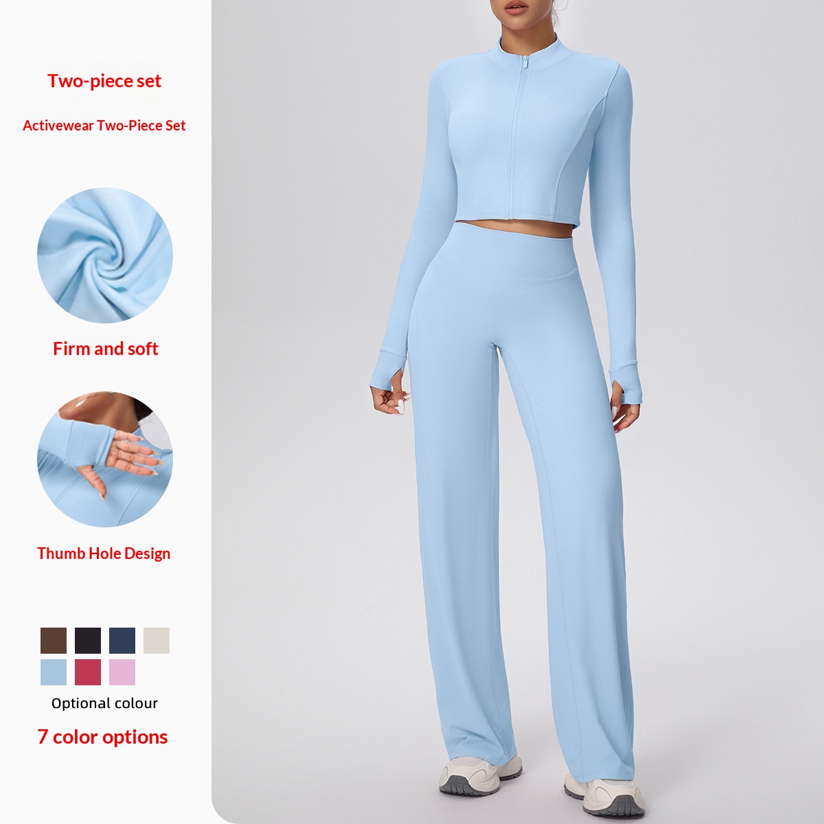 Cross-Border Micro Brushed Solid Color Zipper Jacket Sports Long Sleeve Running Loose Straight Pants Fitness Yoga Outfit_voghion.com