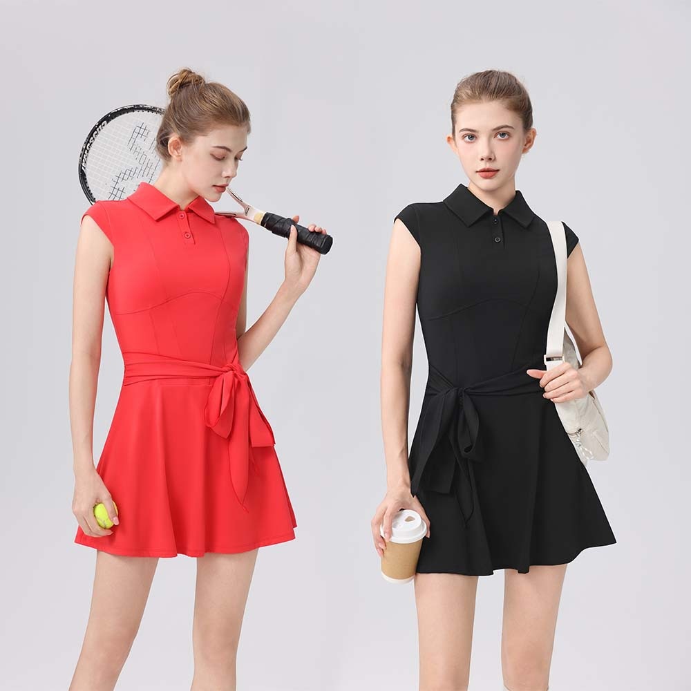 Short Sleeve Sports Slim Fit Polo Collar Tennis Dress Summer Breathable With Chest Pad Leggings Set For Women_voghion.com