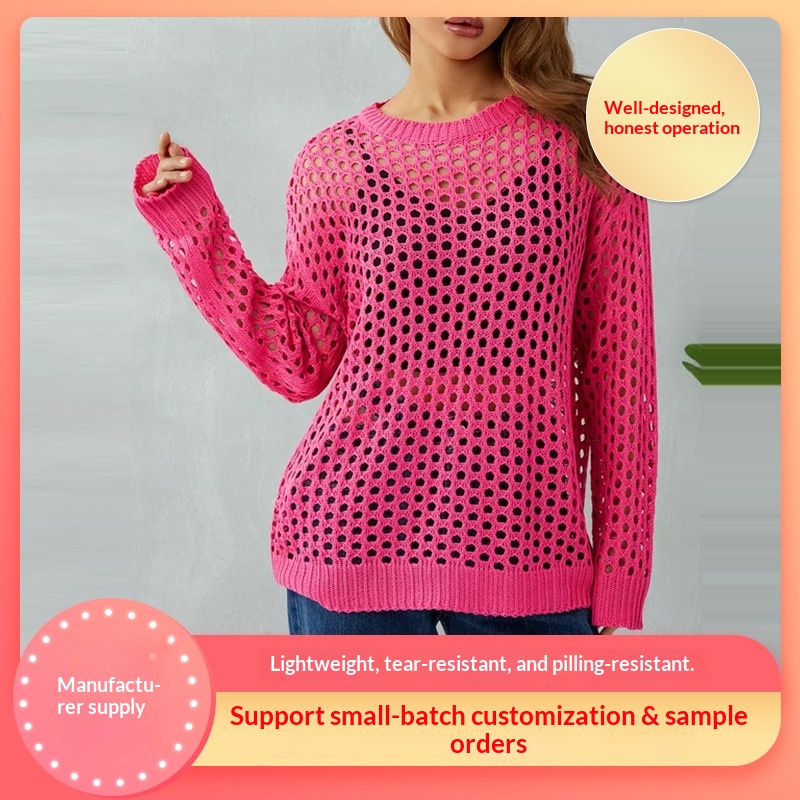 European American Cross-Border New Fashion Hollow Out Sweater Spring And Autumn Solid Color Design Trendy Loose Fishnet_voghion.com