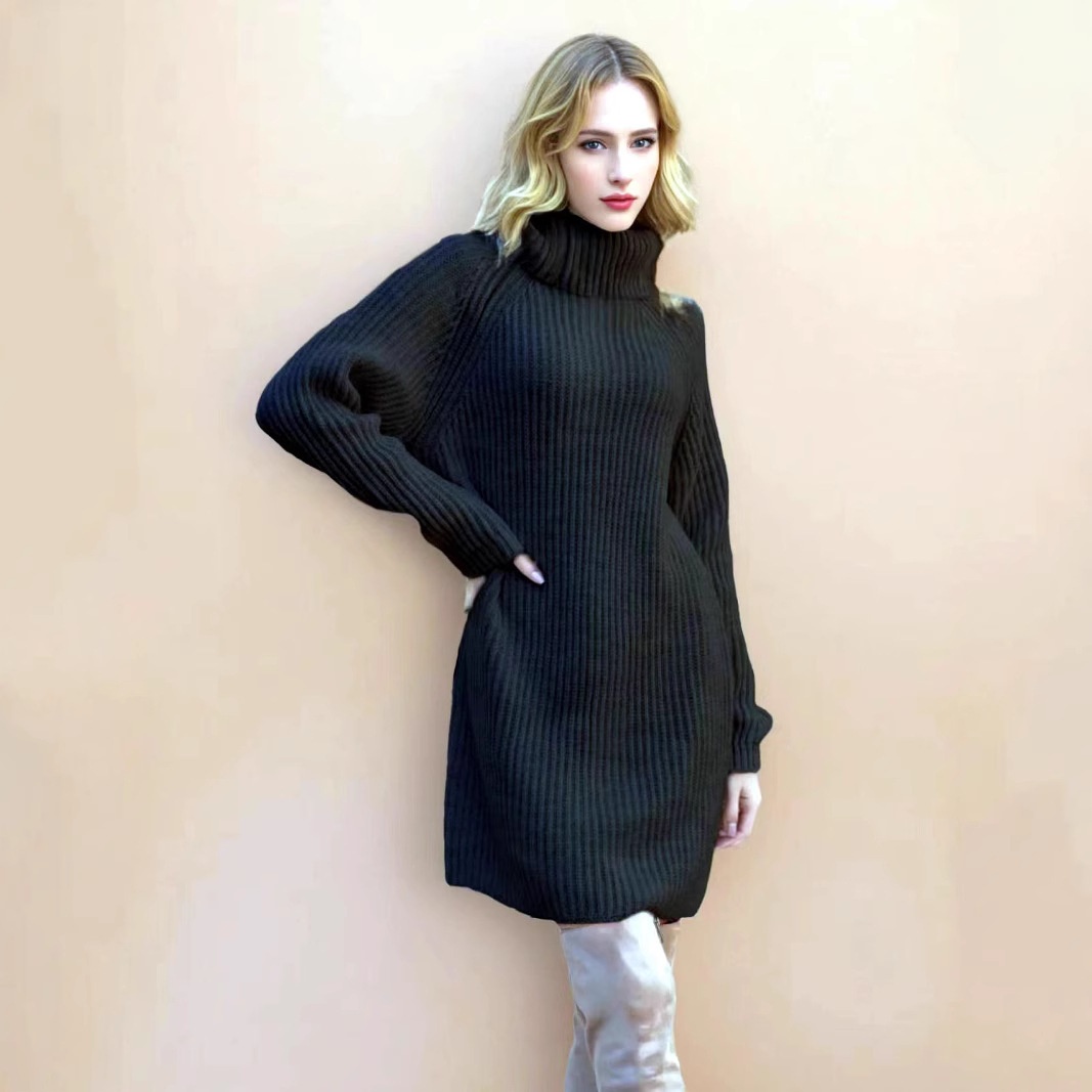 2025 Winter New High Neck Straight Long For Women, Lazy Style Knitted Dress_voghion.com