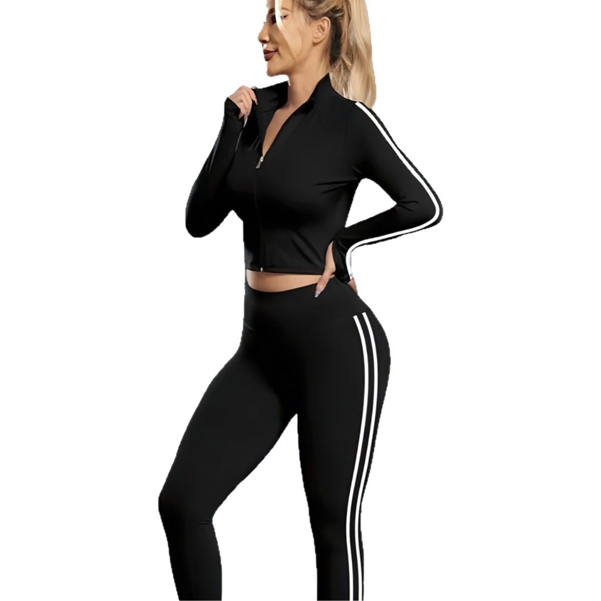 Conjunto de dos piezas de yoga de color liso con cremallera negra para deportes al aire libre, fitness, running y fitness._voghion.com