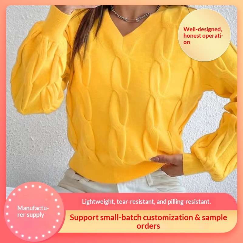 Fresh Trendy Simple Fashion Yellow V-Neck Knitted Comfortable Soft Non-Pilling Pullover Sweater_voghion.com