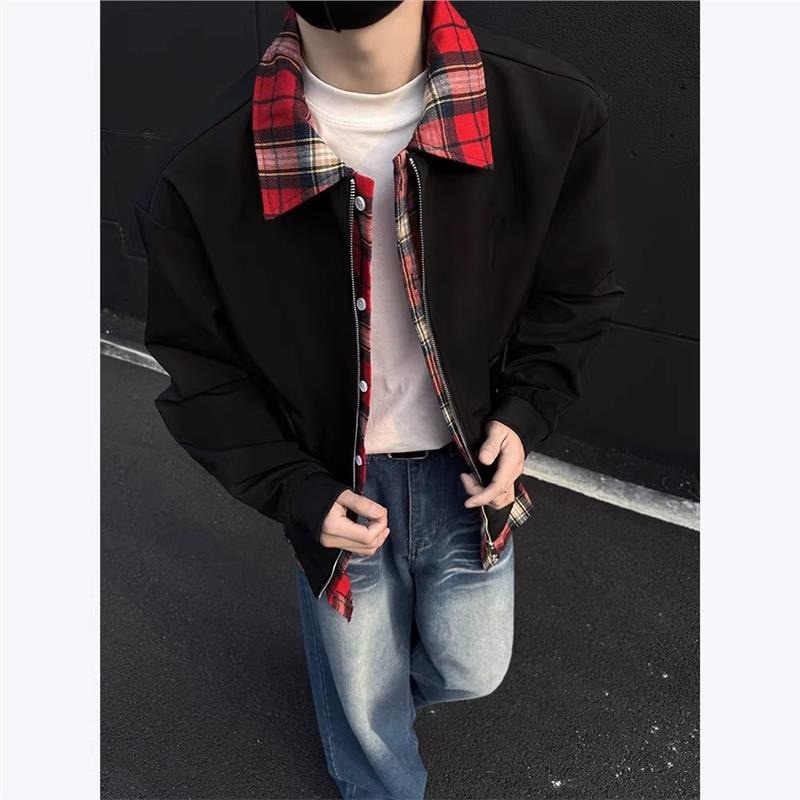 BOY Two-Piece Plaid Patchwork Jacket For Men, Spring And Autumn Vintage Loose Casual Versatile Top_voghion.com