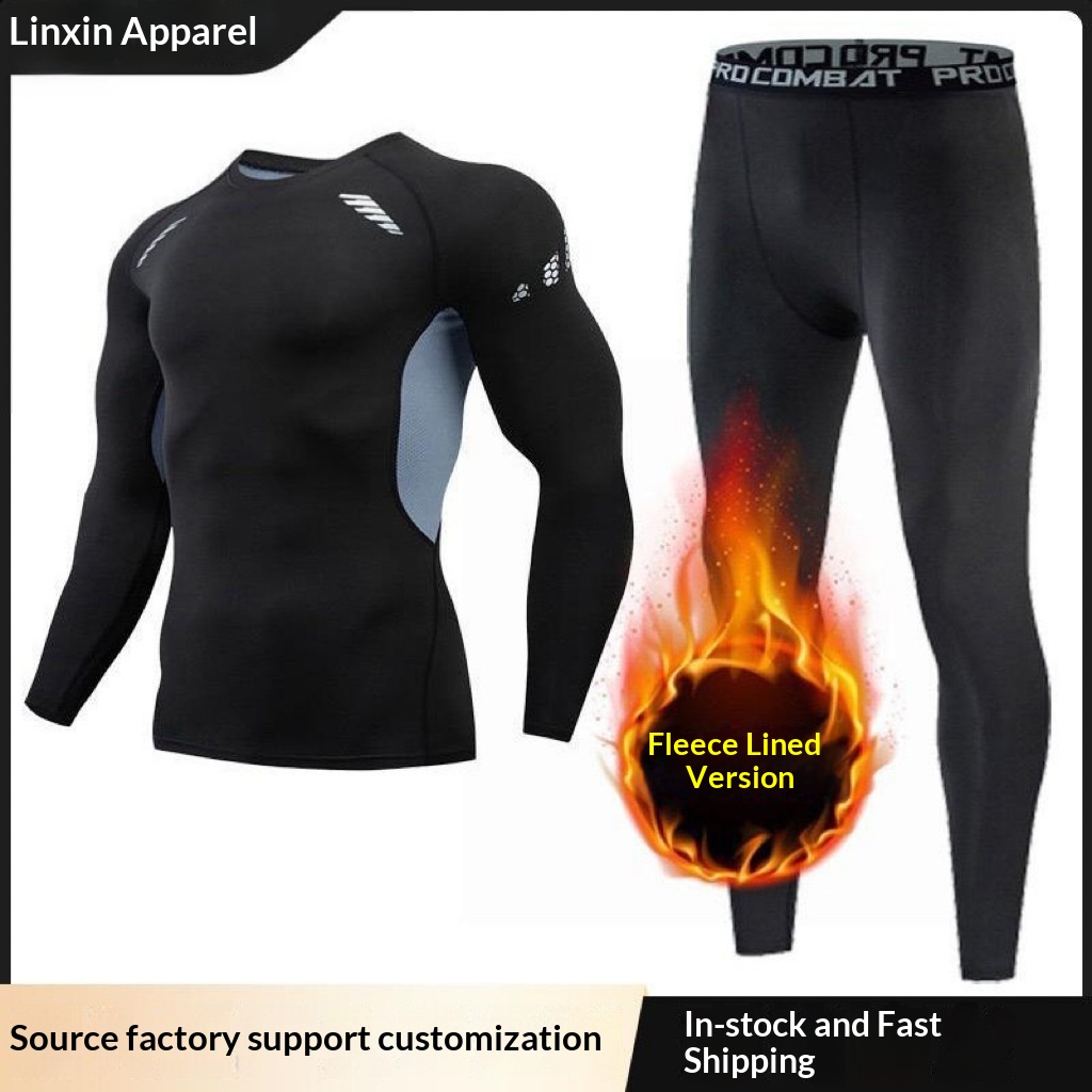 Winterse thermische fitness sportbroek voor heren, strakke broek met hoge elasticiteit, fleecevoering, warme basislaag, hardloop-, basketbalondergoedset_voghion.com