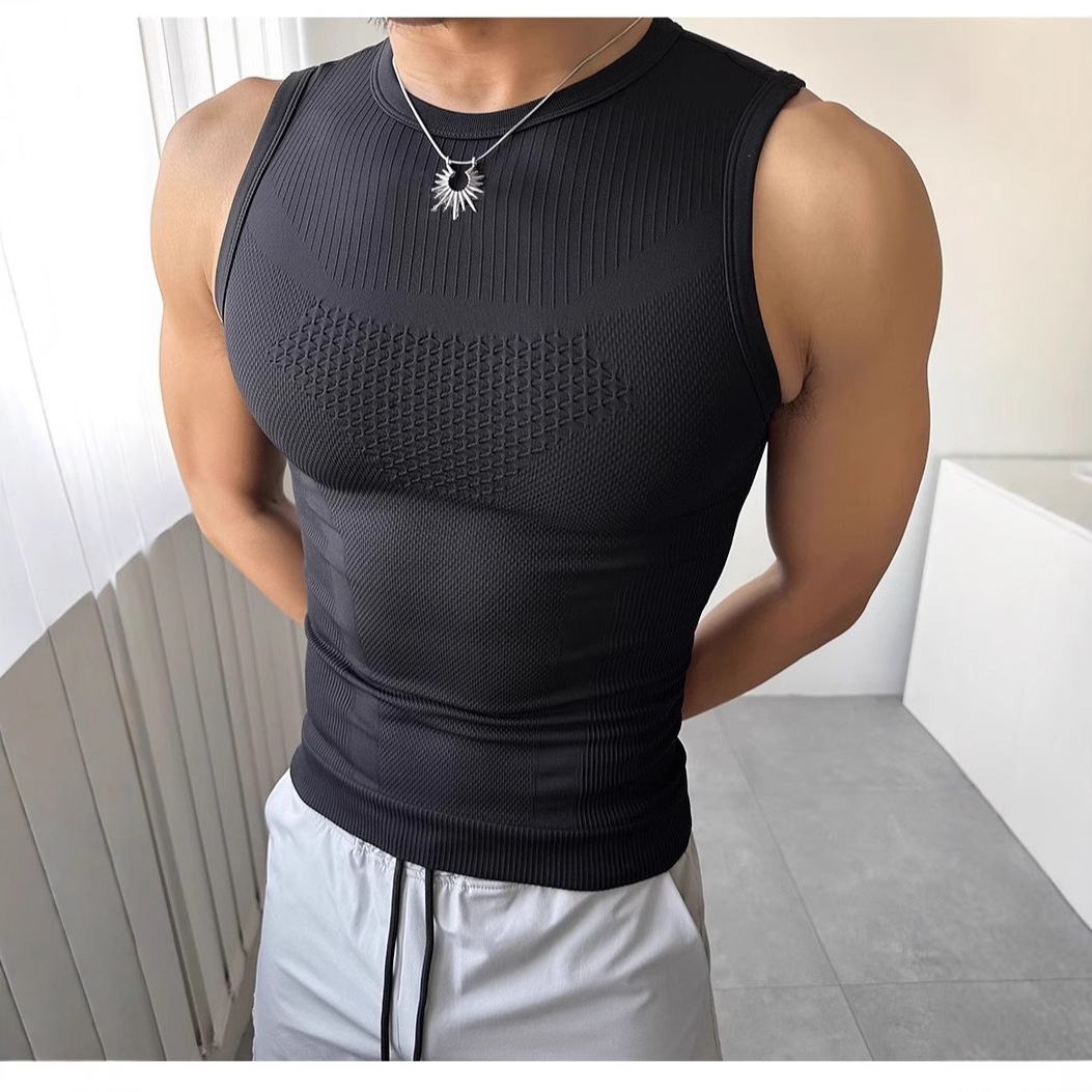 Regata masculina de verão sem mangas para fitness, esportes, sem costura, alta elasticidade, respirável, absorve o suor, secagem rápida, ideal para atividades ao ar livre._voghion.com
