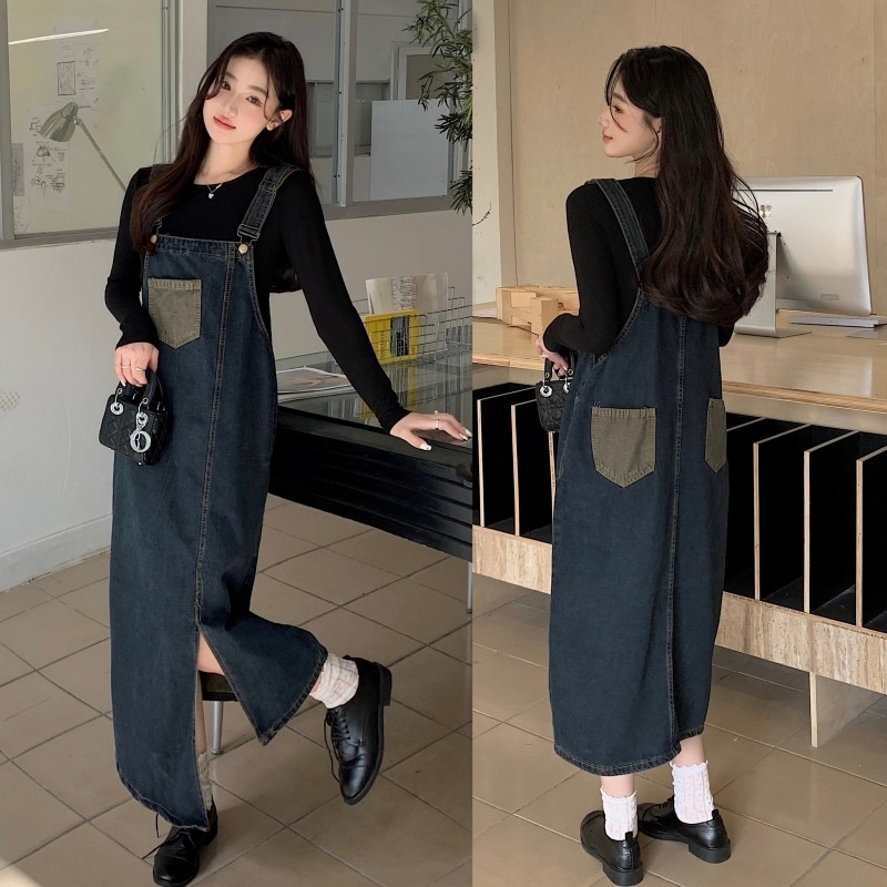 Autumn New Korean Fashion Denim Strap Black Base Two-Piece Maternity Dress_voghion.com