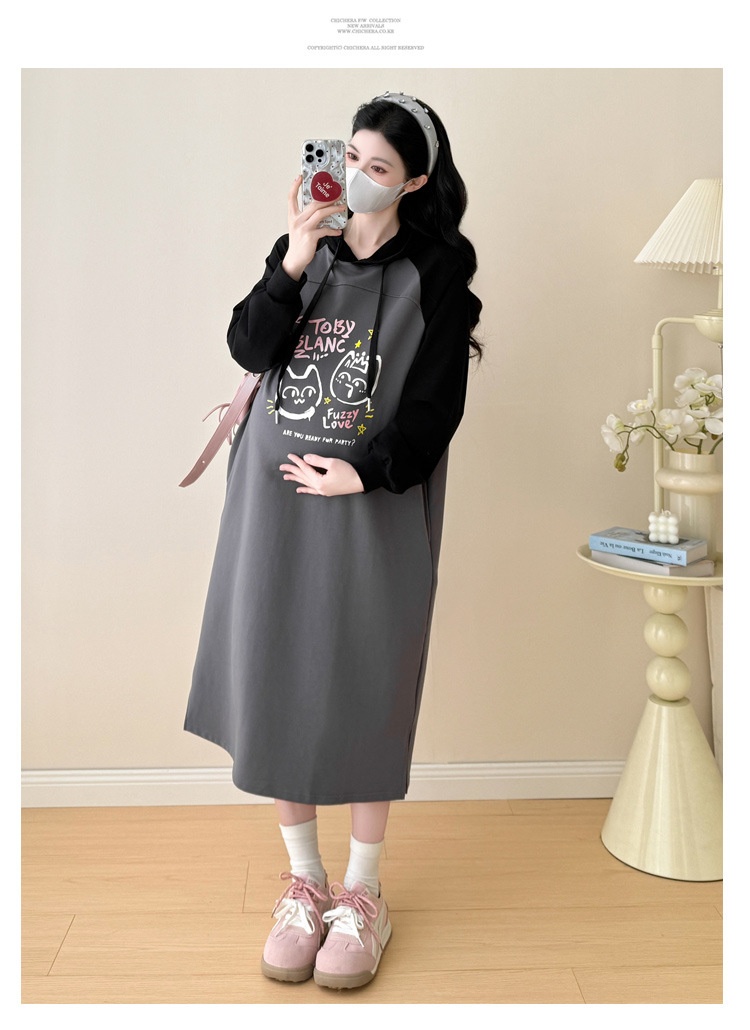 Autumn New Korean Fashion Loose Raglan Sleeve Hooded Maternity Dress_ecoleips.com