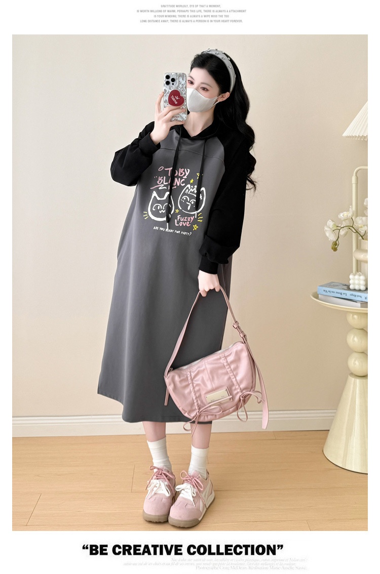 Autumn New Korean Fashion Loose Raglan Sleeve Hooded Maternity Dress_ecoleips.com