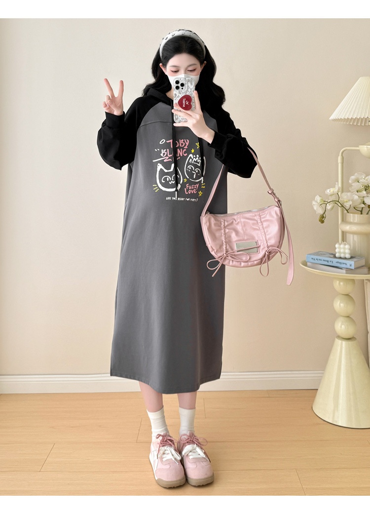 Autumn New Korean Fashion Loose Raglan Sleeve Hooded Maternity Dress_ecoleips.com