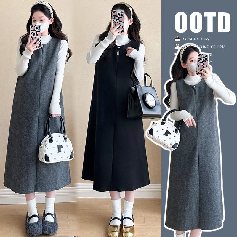 Herbstliche koreanische Mode: Zweiteiliges Umstandskleid aus Wolle für Schwangere_voghion.com