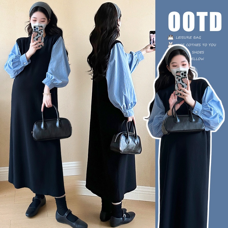 Autumn New Korean Fashion Two-Piece Patchwork Maternity Dress_ecoleips.com