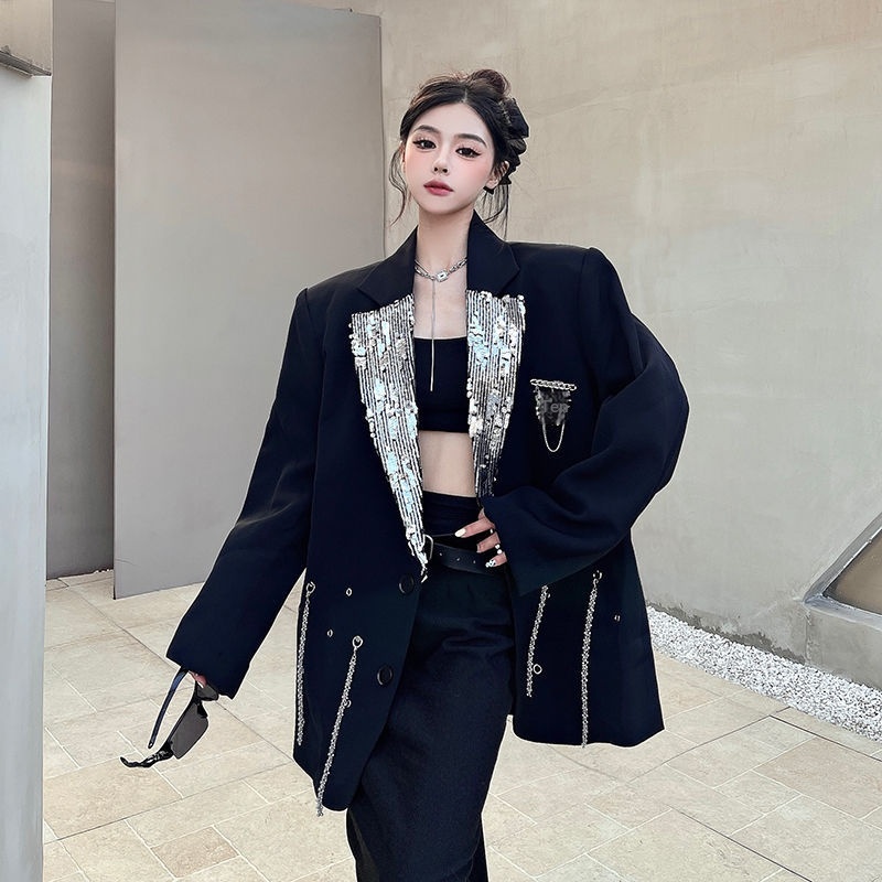 Niche Metal Chain Heavy Craft Suit Jacket For Women, Spring Autumn New Loose Fit With Padded Shoulders And Sequin_voghion.com