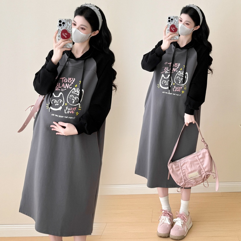 Autumn New Korean Fashion Loose Raglan Sleeve Hooded Maternity Dress_ecoleips.com