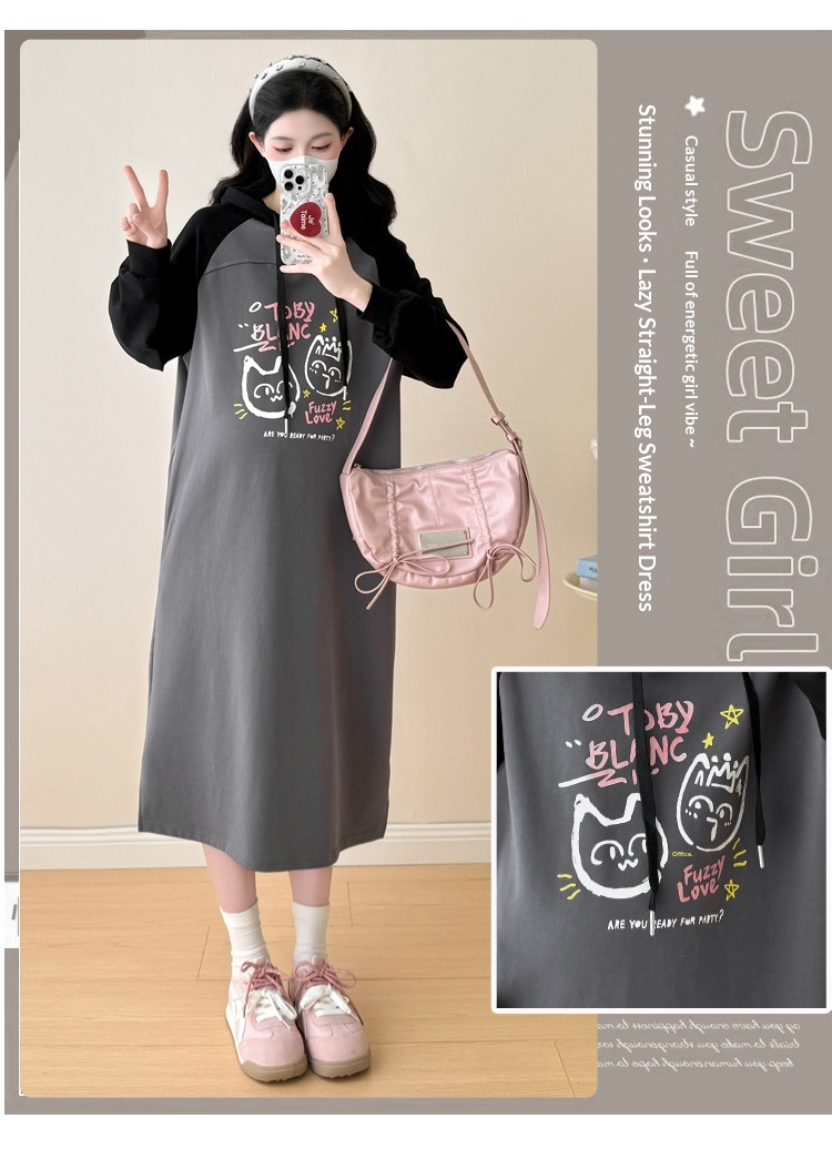 Autumn New Korean Fashion Loose Raglan Sleeve Hooded Maternity Dress_ecoleips.com