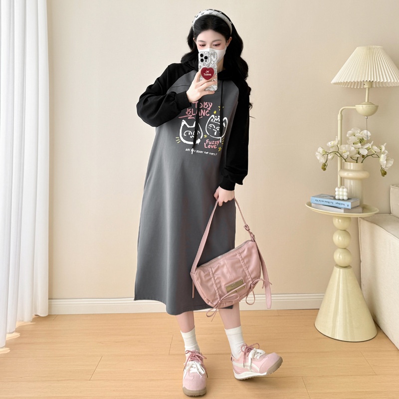 Autumn New Korean Fashion Loose Raglan Sleeve Hooded Maternity Dress_ecoleips.com