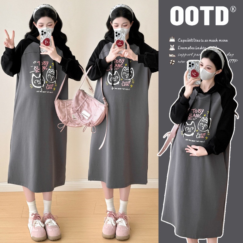 Autumn New Korean Fashion Loose Raglan Sleeve Hooded Maternity Dress_voghion.com