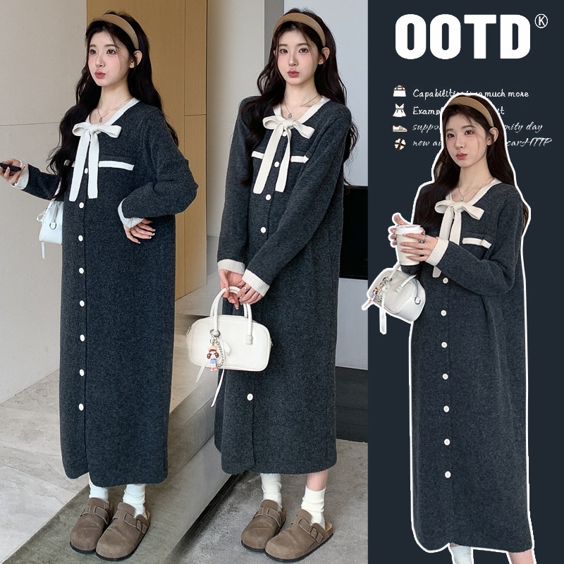 Autumn Winter New Korean Fashion Lace-Up Button Contrast Color Knitted Maternity Dress_voghion.com