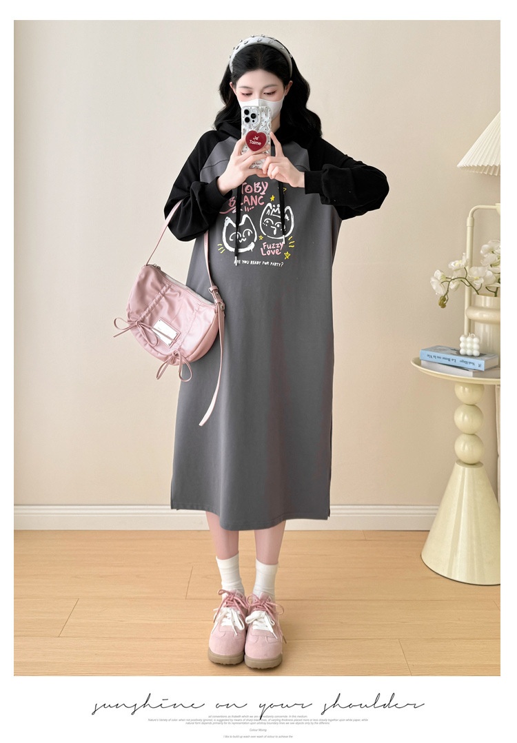 Autumn New Korean Fashion Loose Raglan Sleeve Hooded Maternity Dress_ecoleips.com