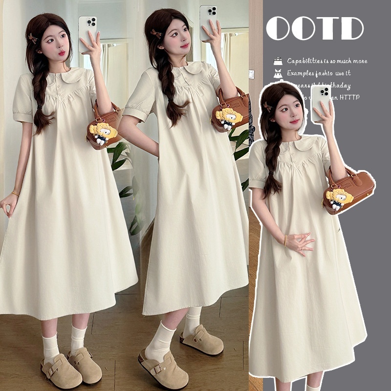 Sommerliches koreanisches Mode-Umstandskleid mit Puppenkragen und kurzen Ärmeln_voghion.com
