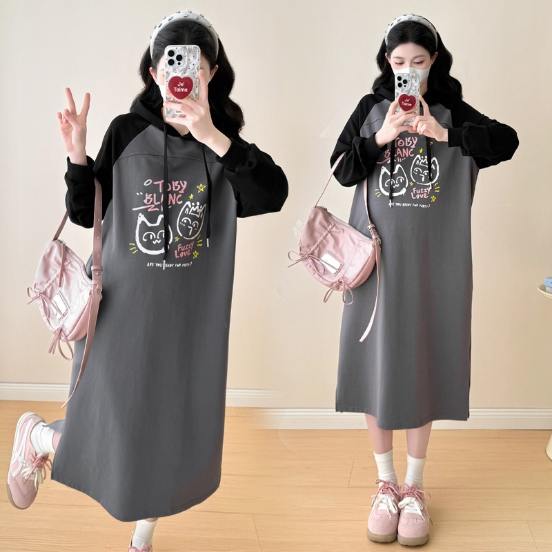 Autumn New Korean Fashion Loose Raglan Sleeve Hooded Maternity Dress_ecoleips.com