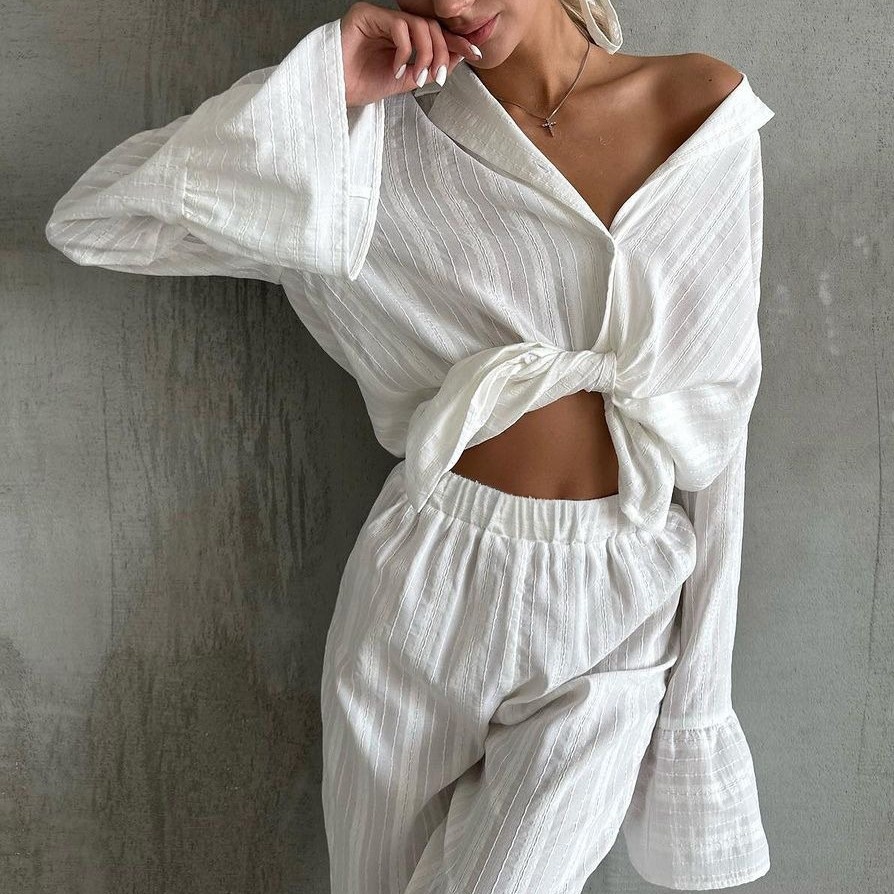 Pure Cotton Jacquard Comfortable Sleeve Long Pants Ruffled Edge Skin-Friendly Pajama Set European And American_voghion.com