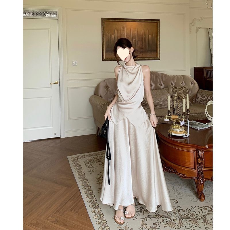 Clair Unique Irregular Tie Design Satin Vest And Skirt Set Summer New Fashion Two-Piece Women's Trendy Commuter Outfit_voghion.com