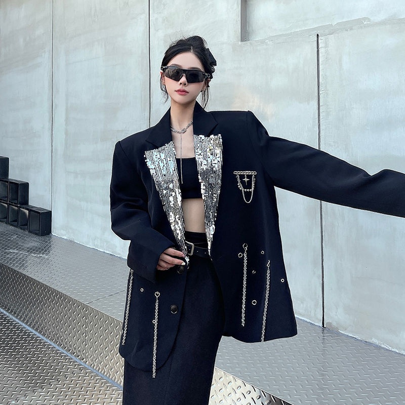 Niche Metal Chain Heavy Craft Suit Jacket For Women, Spring Autumn New Loose Fit With Padded Shoulders And Sequin_voghion.com