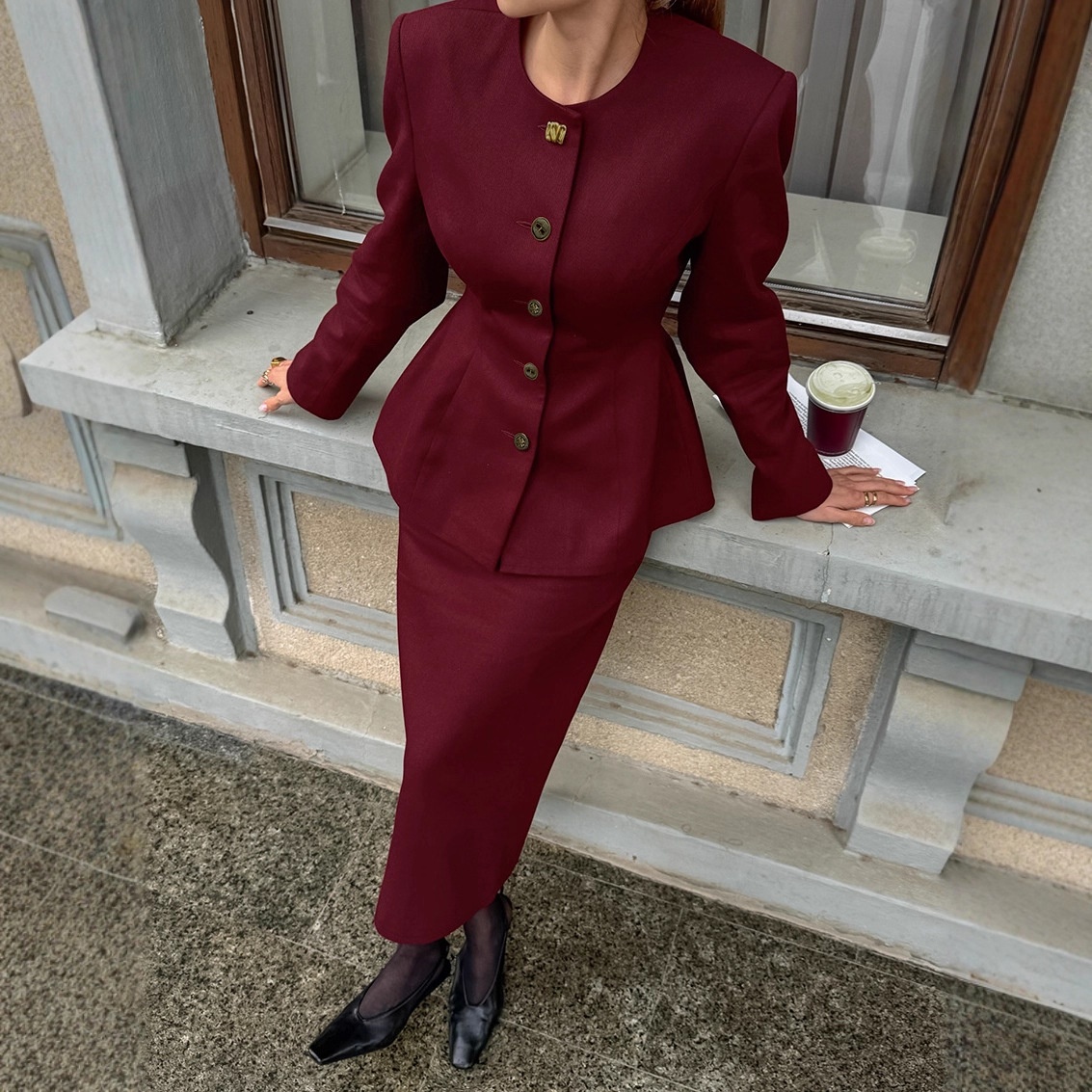 American Retro Autumn Winter Red Round Neck Long Sleeve Waist-Cinching Blazer Split Skirt Women's Fashion Casual_voghion.com