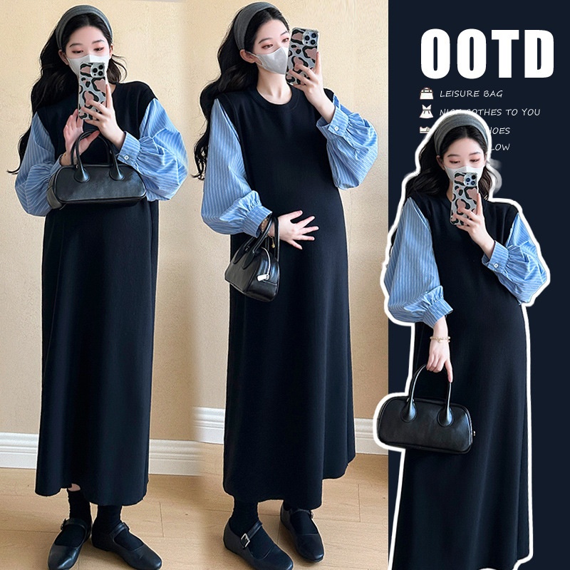 Autumn New Korean Fashion Two-Piece Patchwork Maternity Dress_voghion.com