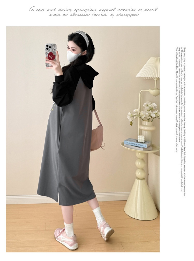 Autumn New Korean Fashion Loose Raglan Sleeve Hooded Maternity Dress_ecoleips.com