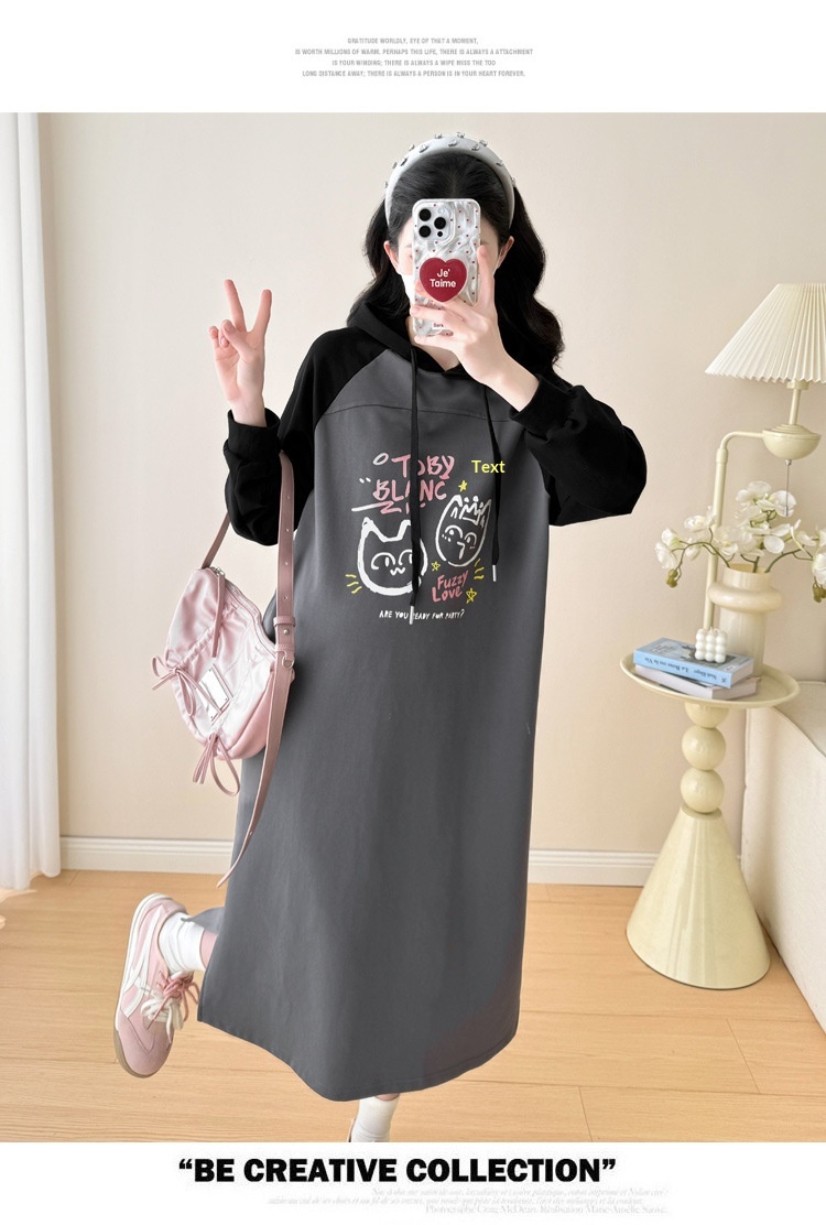 Autumn New Korean Fashion Loose Raglan Sleeve Hooded Maternity Dress_ecoleips.com