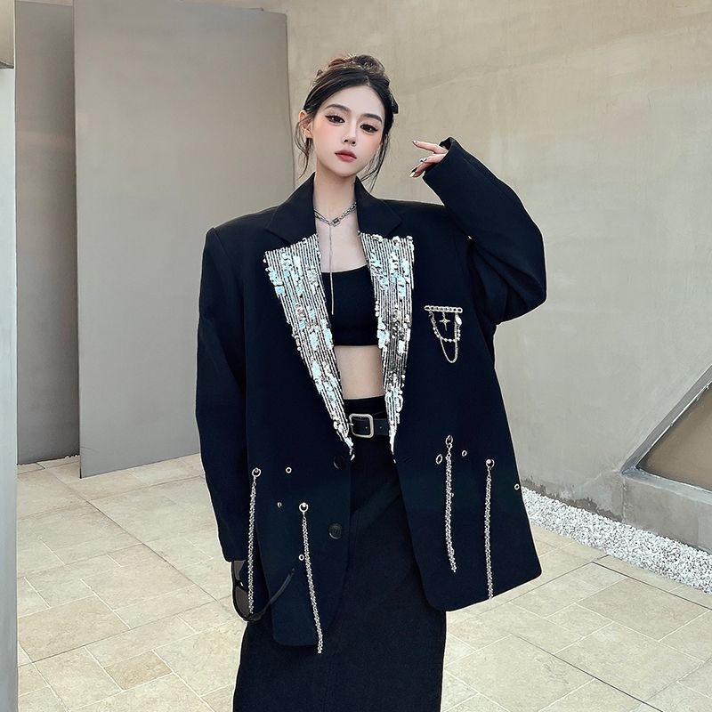 Niche Metal Chain Heavy Craft Suit Jacket For Women, Spring Autumn New Loose Fit With Padded Shoulders And Sequin_voghion.com
