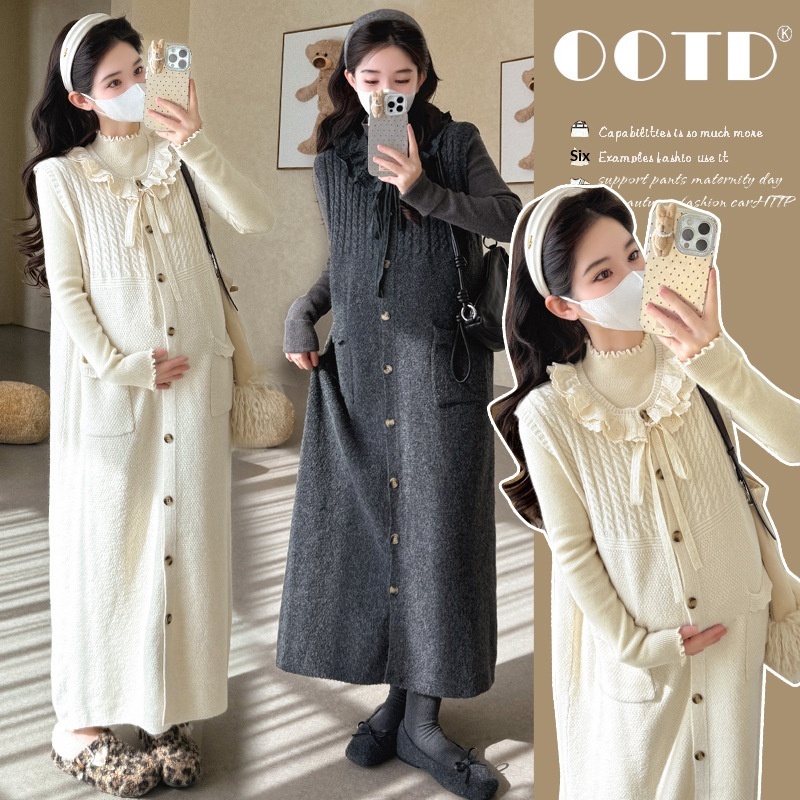 Vestido de maternidad de dos piezas con botones abiertos y lazo de encaje para otoño e invierno_voghion.com