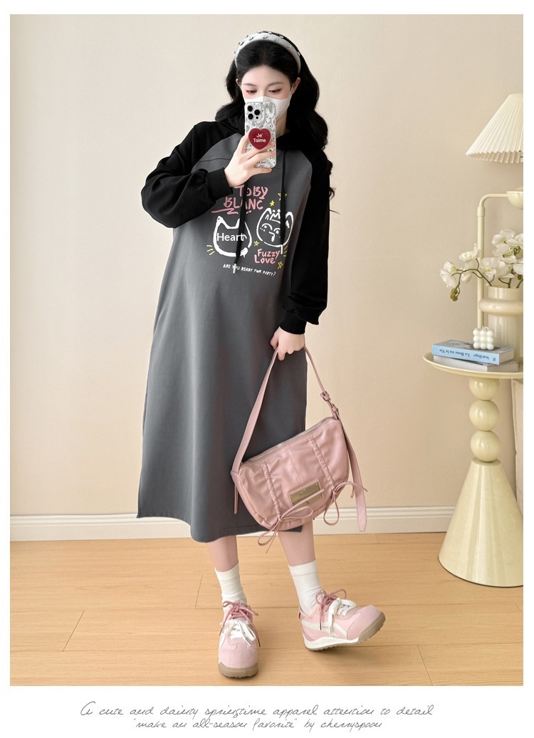Autumn New Korean Fashion Loose Raglan Sleeve Hooded Maternity Dress_ecoleips.com