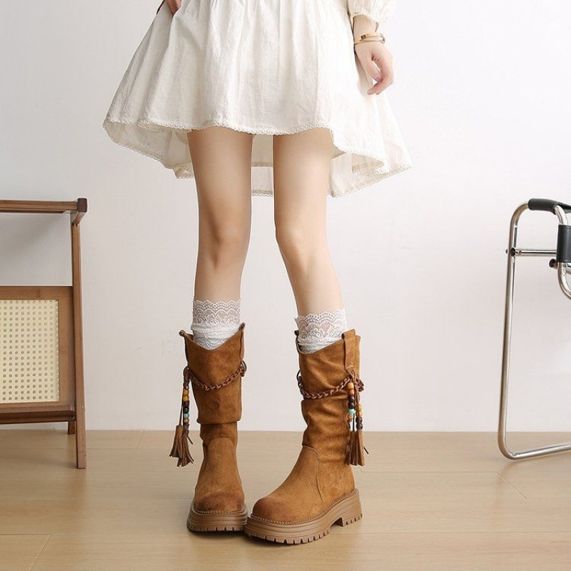 WalkPrime 2025 Autumn Winter New Retro Style Western Short Cowboy Women Thick Sole Martin Fashion Tassel Slouch Boots_voghion.com