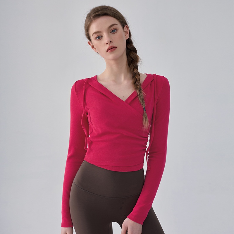 Surge Cross-Border V-Neck Yoga Women Autumn Winter Hooded Slim Pilates Training Sports Top Running Fitness Wear Long Sleeve_voghion.com