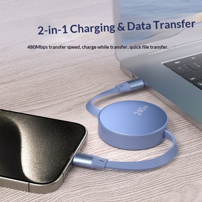 Cavo dati singolo retrattile TechCore da 240 W compatibile con iPhone 15 Huawei Pura Phone Cable Dual C per ricarica rapida per tablet_voghion.com