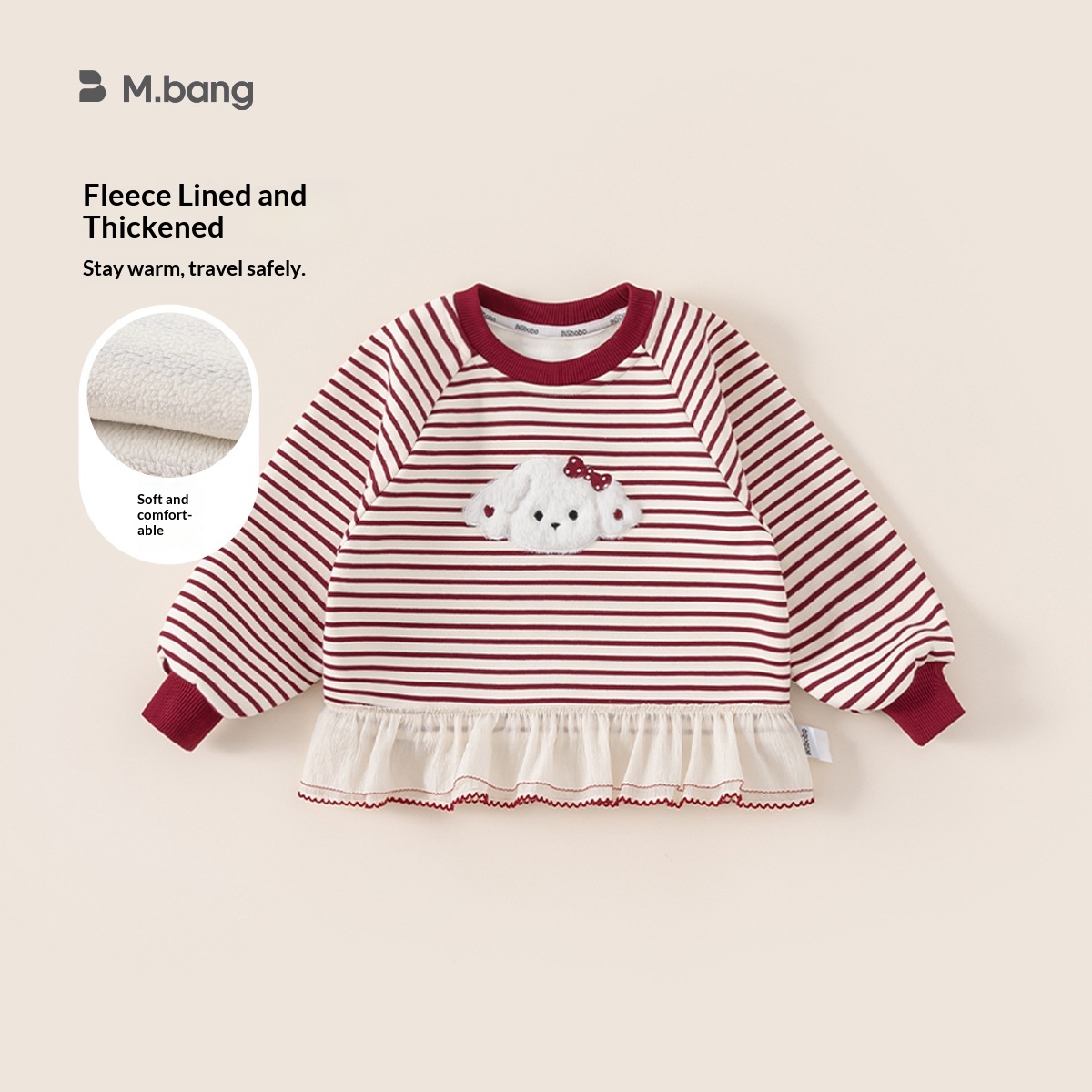 Alyce-xiyue1baobao Bangxuan Winter Fleece T-Shirt Children's Top Color-Block Striped Clothing Lace Trim Long Sleeve Girls' Sweatshirt_voghion.com