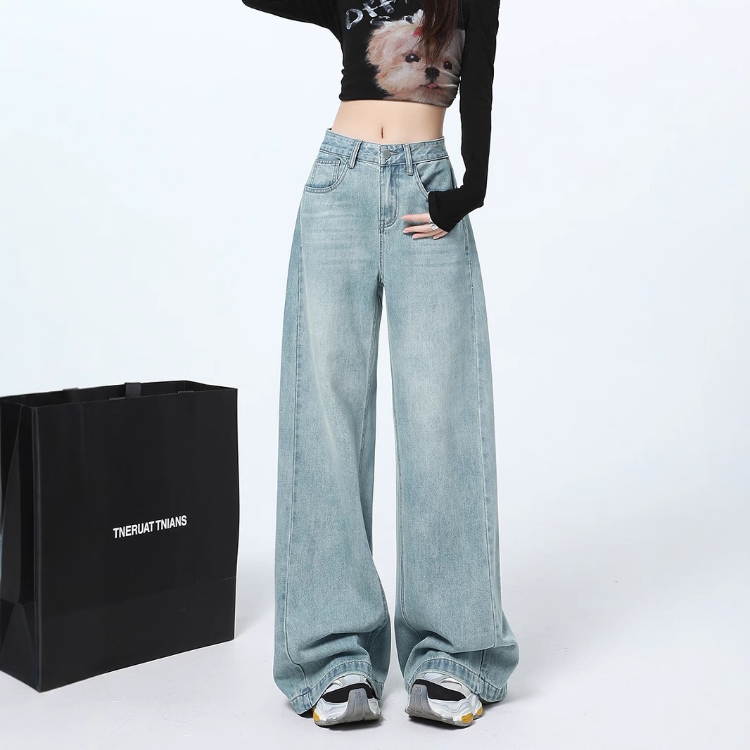 Soleil Wear Vintage Light Blue High Waist Wide Leg Jeans For Women 2025 Spring New Loose Versatile Petite Straight Long Pants_voghion.com