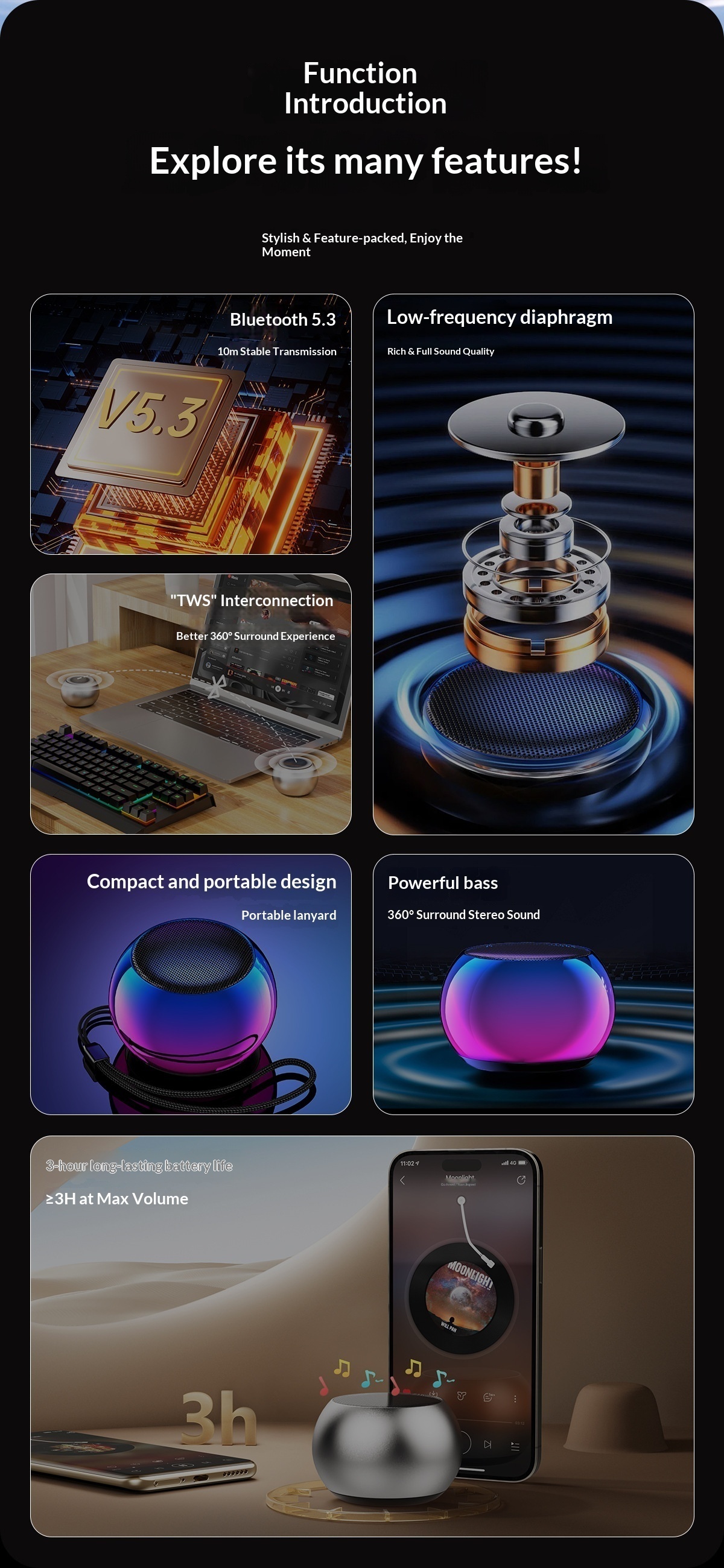 Altoparlante wireless portatile antiurto con subwoofer ad alto volume per uso domestico, Bluetooth, da parete per bagno_voghion.com