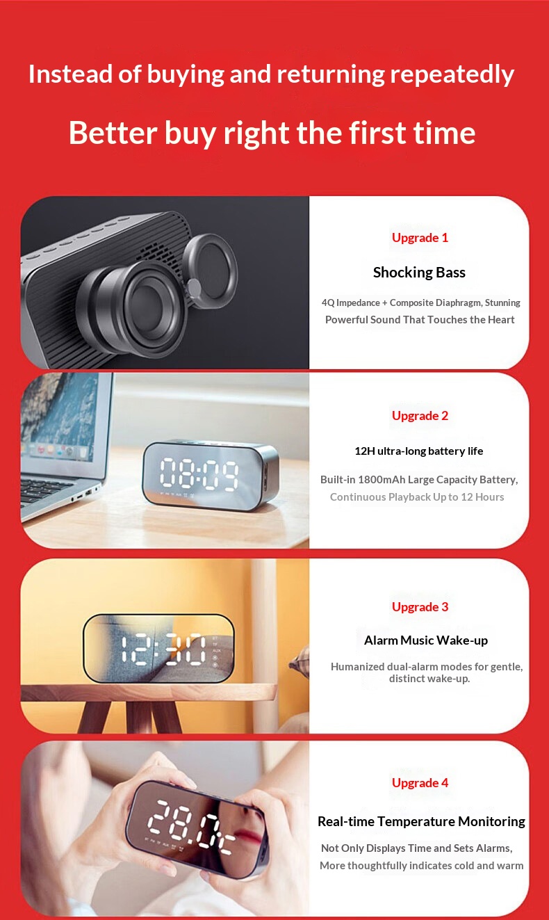 Hewitt M3 Sveglia da tavolo Radio da casa Specchio Orologio wireless Altoparlante Bluetooth Regalo_voghion.com