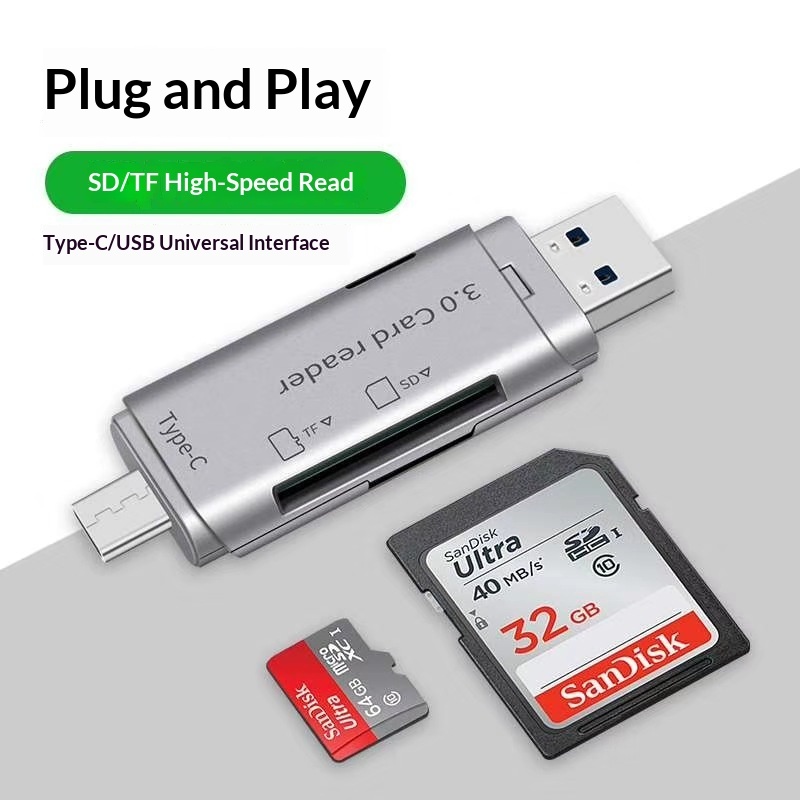 3691 Nuovo prodotto transfrontaliero USB 3.0 Tipo-C SD/TF Lettore di schede multifunzione 2 in 1 a doppia testina_voghion.com
