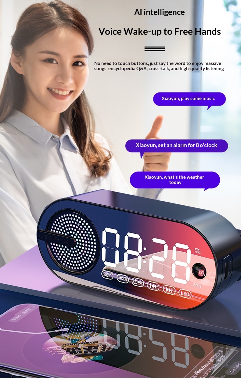 Bluetooth-luidspreker met wekkerfunctie voor studenten, eenvoudig nachtlampje voor de slaapkamer, oplaadbaar en draagbaar._voghion.com