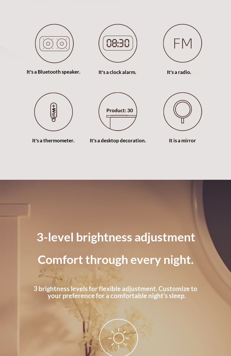 Hewitt M3 Sveglia da tavolo Radio da casa Specchio Orologio wireless Altoparlante Bluetooth Regalo_voghion.com