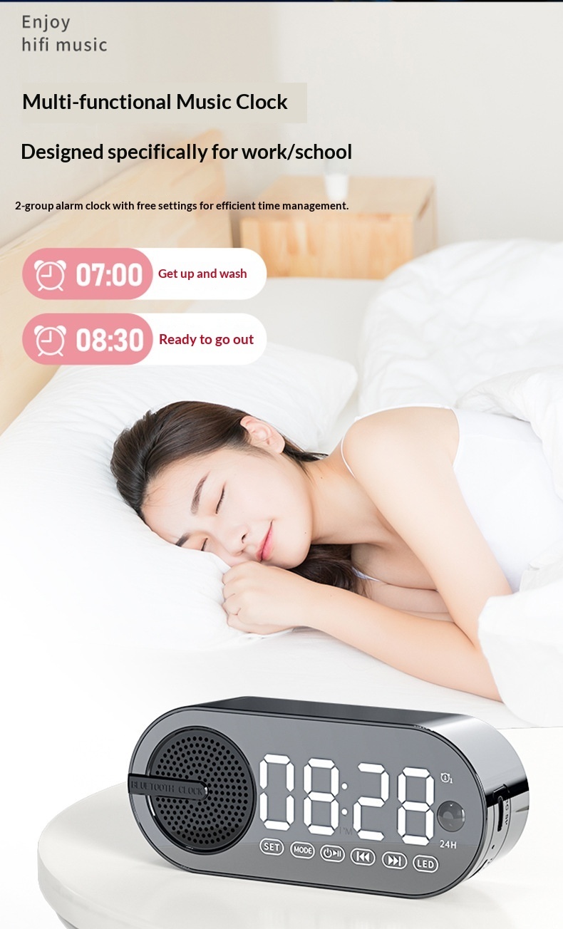 Bluetooth-luidspreker met wekkerfunctie voor studenten, eenvoudig nachtlampje voor de slaapkamer, oplaadbaar en draagbaar._voghion.com