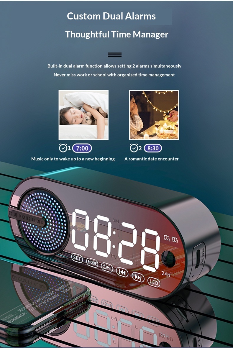 Bluetooth-luidspreker met wekkerfunctie voor studenten, eenvoudig nachtlampje voor de slaapkamer, oplaadbaar en draagbaar._voghion.com