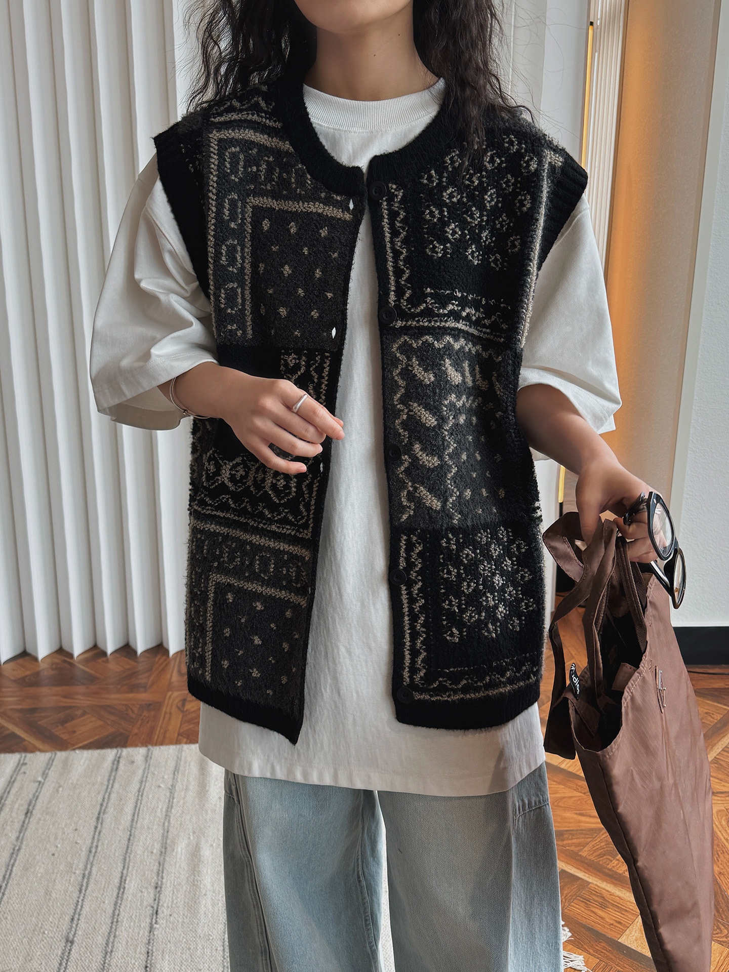 Chaleco de punto jacquard estilo retro para mujer corte oversize_voghion.com