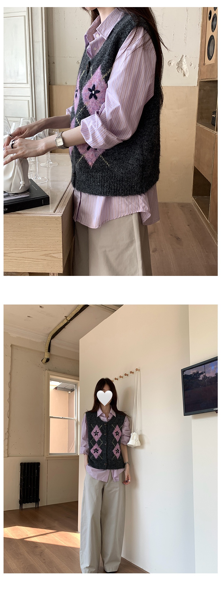 Colete de malha acolchoado vintage Aria Basics para mulheres, outono de 2025, novo estilo coreano, suéter cardigã solto sem mangas._voghion.com